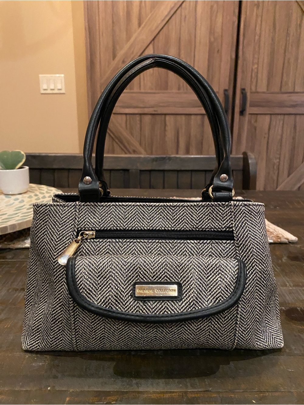Vintage Premiere Collection Black White Herringbone Tweed Satchel Handbag Purse